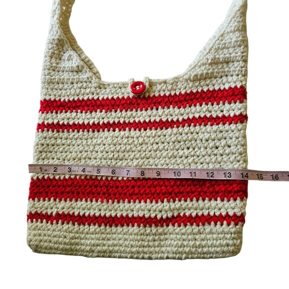 Hand Crochet Large Red White Striped Wool Boho Handmade Purse Crossbody 14x12 - Picture 4 of 6